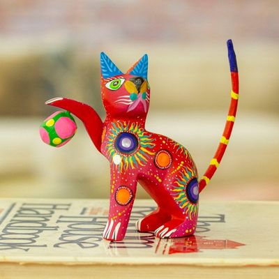 Alternate image for Painted Scarlet Copal Wood Alebrije Cat Figurine with Ball Feline Sport in Scarlet