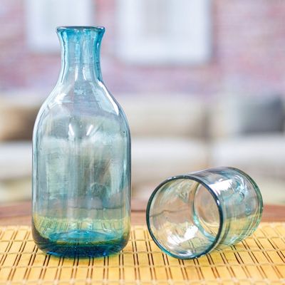 Alternate image for Aqua Handblown Recycled Glass Carafe and Cup Set Pair Delicate Aqua