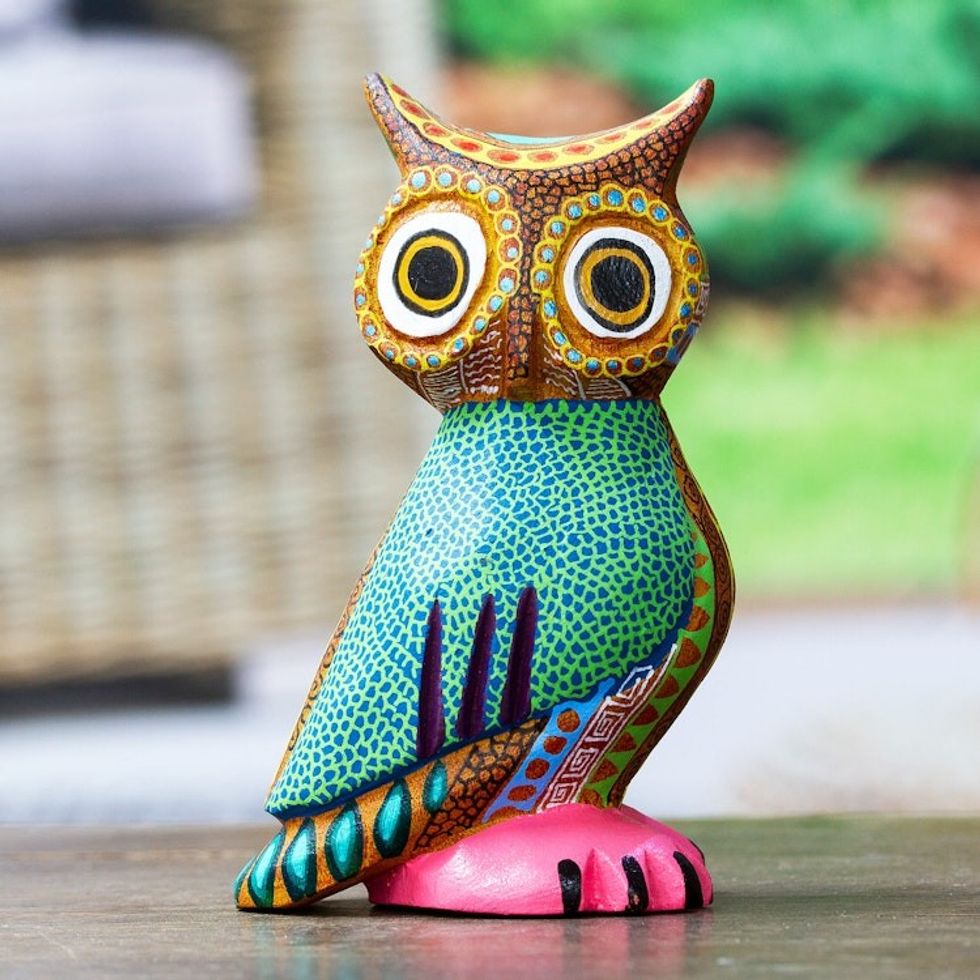 Hand-Carved Copal Wood Owl Alebrije Sculpture from Mexico 'Dream Vision'