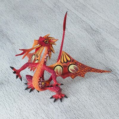 Alternate image for Copal Wood Alebrije Sculpture of Dragon in Red and Orange Mexican Dragon in Red