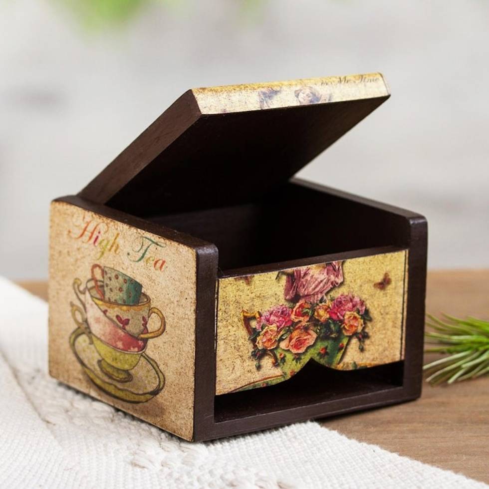 Petite Ventilated Decoupage Decorative Tea Box from Mexico 'Tea Time'