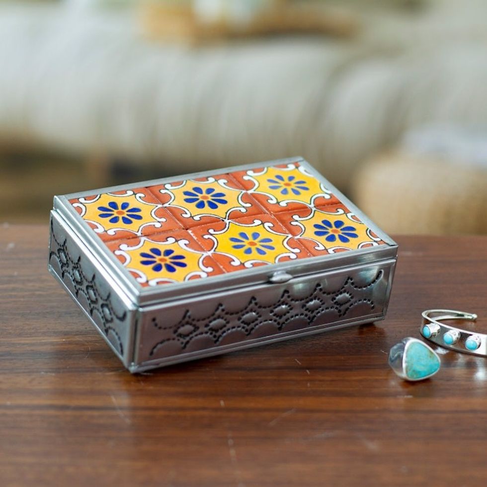 Talavera Tin and Ceramic Jewelry Box in Orange and Yellow 'Palace of Suns'