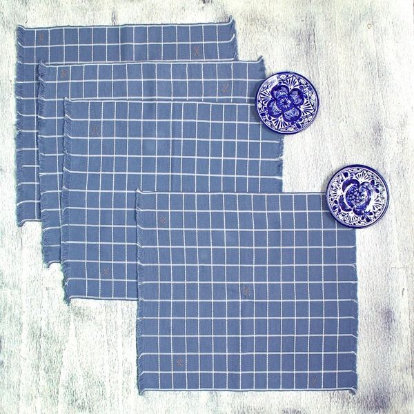 Alternate image for Blue-Grey Hand Woven Checkered Cotton Placemats Set of 4 Central Highlands Blue