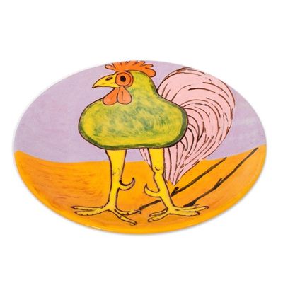 Alternate image for Handcrafted Whimsical Green Rooster Ceramic Decorative Plate Green Rooster