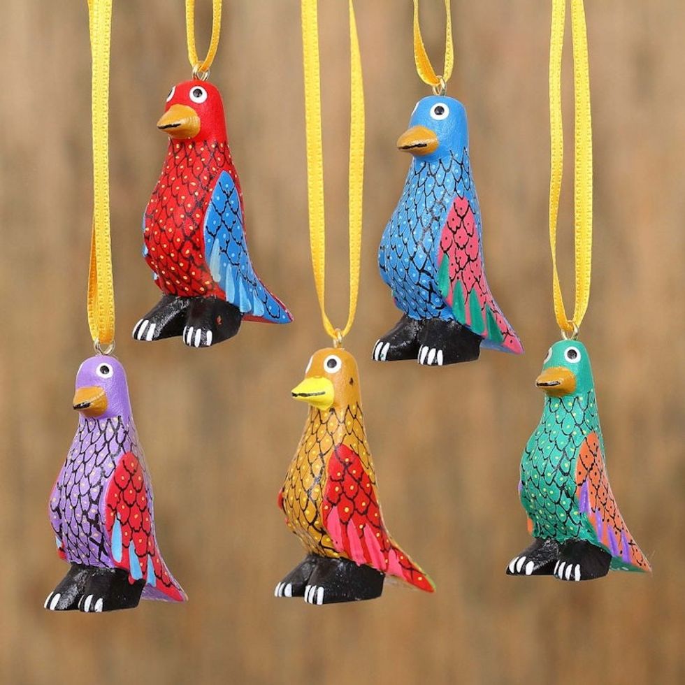 Wood Alebrije Penguin Ornaments Set of 5 from Mexico 'Sweet Penguins'