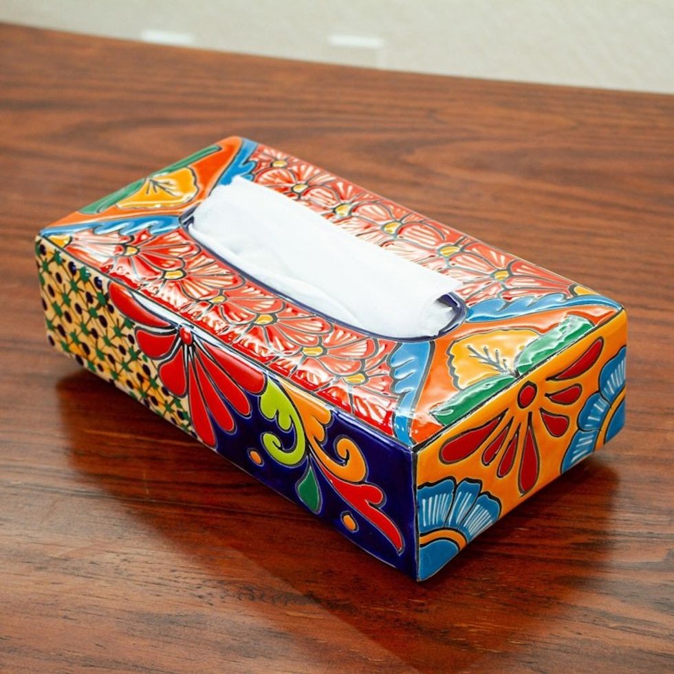 Floral Talavera-Style Ceramic Tissue Box Cover from Mexico 'Hacienda Convenience'
