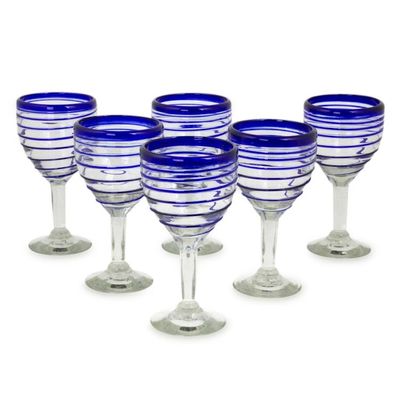 Alternate image for Hand Blown Blue Accent Wine Glasses Set of 6 Mexico Tall Cobalt Spiral