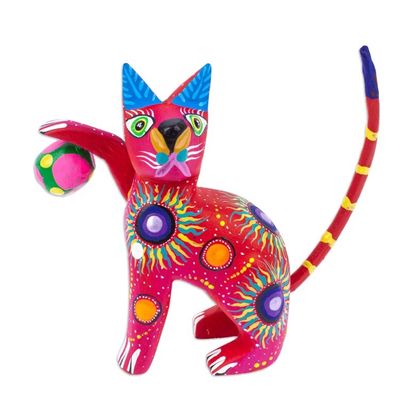 Alternate image for Painted Scarlet Copal Wood Alebrije Cat Figurine with Ball Feline Sport in Scarlet
