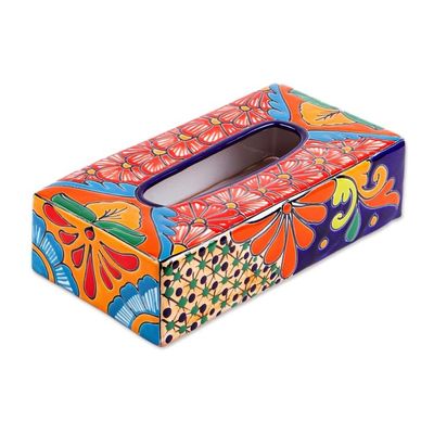 Alternate image for Floral Talavera-Style Ceramic Tissue Box Cover from Mexico Hacienda Convenience