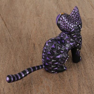 Alternate image for Black Alebrije Cat Silver and Purple Hand Painted Motifs Sophisticated Cat