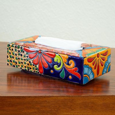 Alternate image for Floral Talavera-Style Ceramic Tissue Box Cover from Mexico Hacienda Convenience