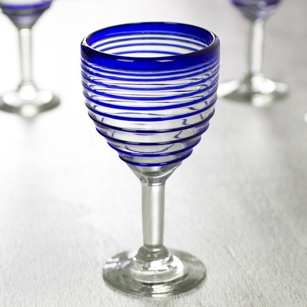 Alternate image for Hand Blown Blue Accent Wine Glasses Set of 6 Mexico Tall Cobalt Spiral