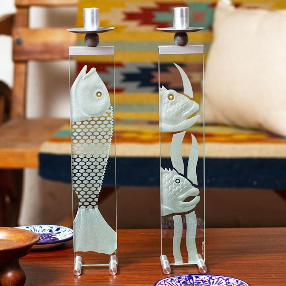 Glass and Aluminum Candleholders with Fish Set of 2 'Enlightened Fish'