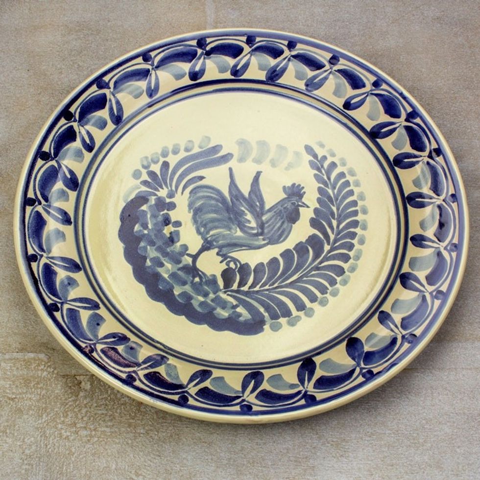 Majolica ceramic plate 'Rooster at Dawn'