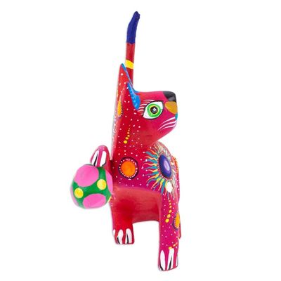 Alternate image for Painted Scarlet Copal Wood Alebrije Cat Figurine with Ball Feline Sport in Scarlet