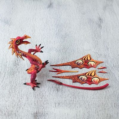 Alternate image for Copal Wood Alebrije Sculpture of Dragon in Red and Orange Mexican Dragon in Red