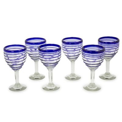 Alternate image for Hand Blown Blue Accent Wine Glasses Set of 6 Mexico Tall Cobalt Spiral