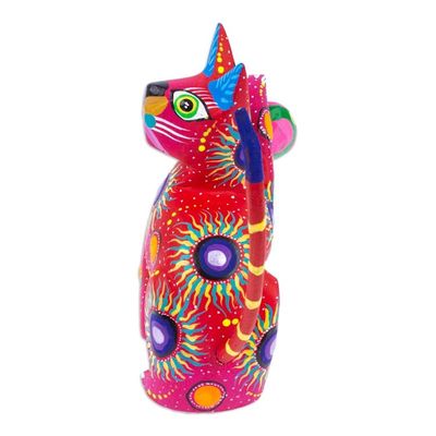 Alternate image for Painted Scarlet Copal Wood Alebrije Cat Figurine with Ball Feline Sport in Scarlet