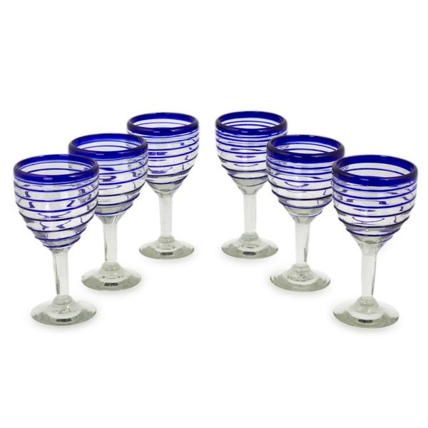Alternate image for Hand Blown Blue Accent Wine Glasses Set of 6 Mexico Tall Cobalt Spiral