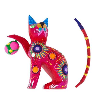 Alternate image for Painted Scarlet Copal Wood Alebrije Cat Figurine with Ball Feline Sport in Scarlet
