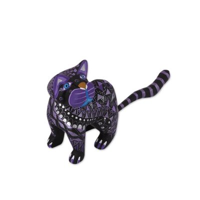 Alternate image for Black Alebrije Cat Silver and Purple Hand Painted Motifs Sophisticated Cat
