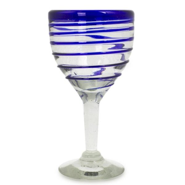 Alternate image for Hand Blown Blue Accent Wine Glasses Set of 6 Mexico Tall Cobalt Spiral