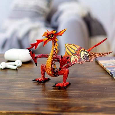 Alternate image for Copal Wood Alebrije Sculpture of Dragon in Red and Orange Mexican Dragon in Red