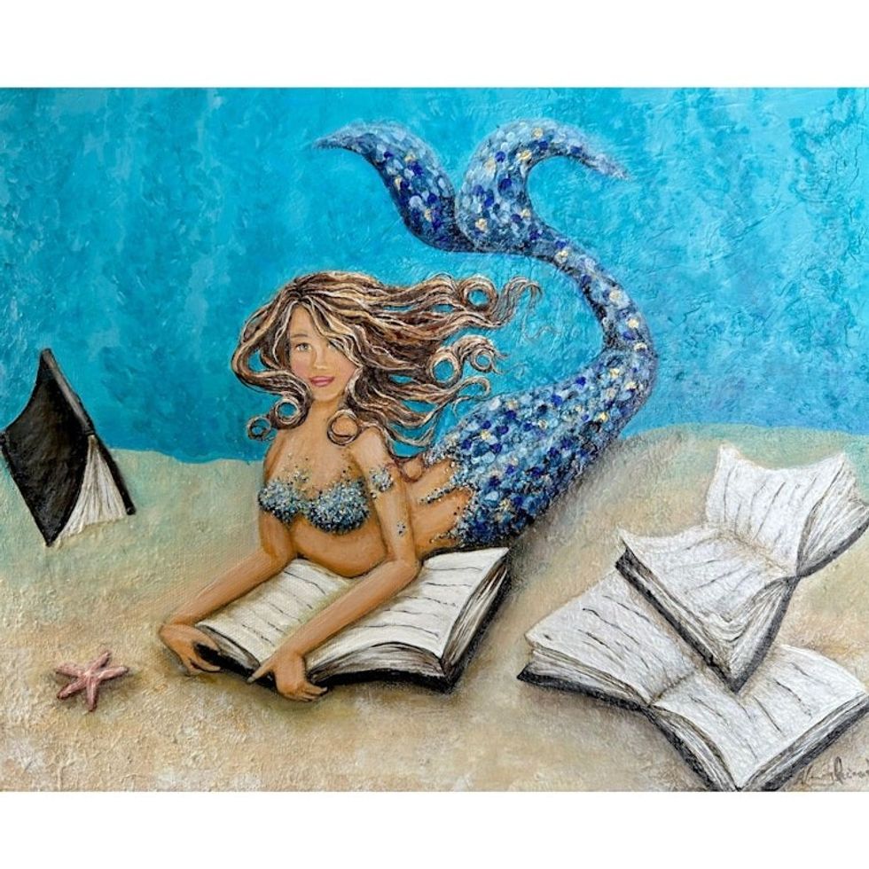 Mermaid Reading under the sea textured painting