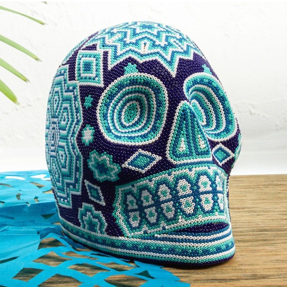 Huichol Beadwork Blue Starburst Skull Figurine 'Blue Night Visions'