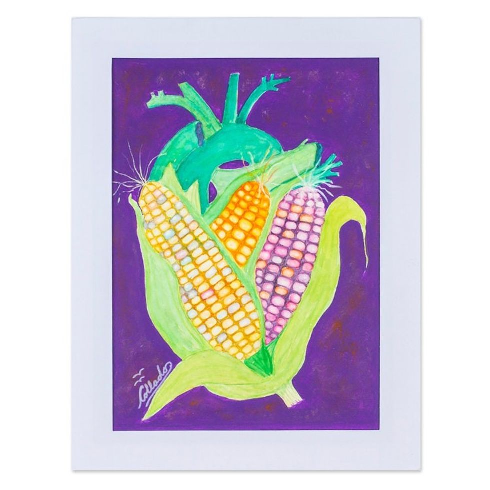 Watercolor Expressionist Corn Painting from Mexico 'Corn Heart'