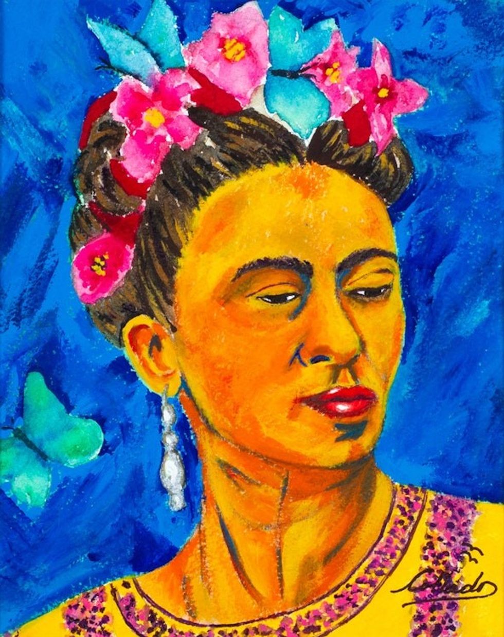 Acrylic and Watercolor Painting of Frida Kahlo in Bold Color 'Frida Contemplating'