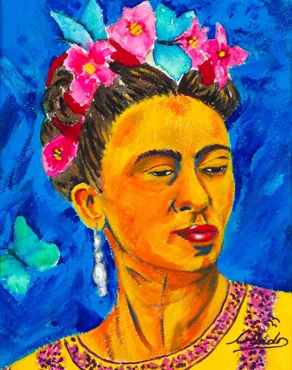 Alternate image for Acrylic and Watercolor Painting of Frida Kahlo in Bold Color Frida Contemplating