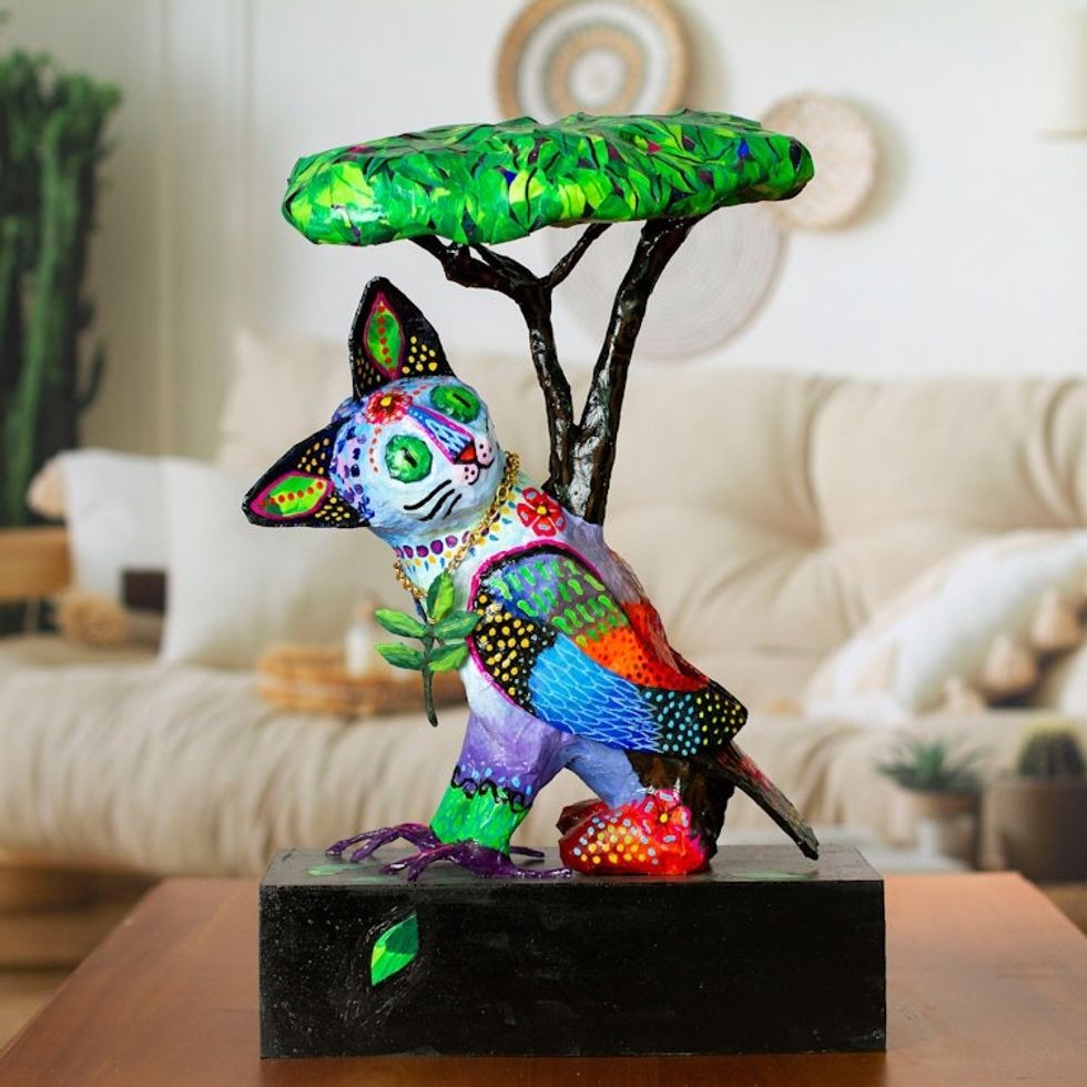 Signed World Peace Theme Alebrije Cat Sculpture 'Sensations that Lead to Peace'