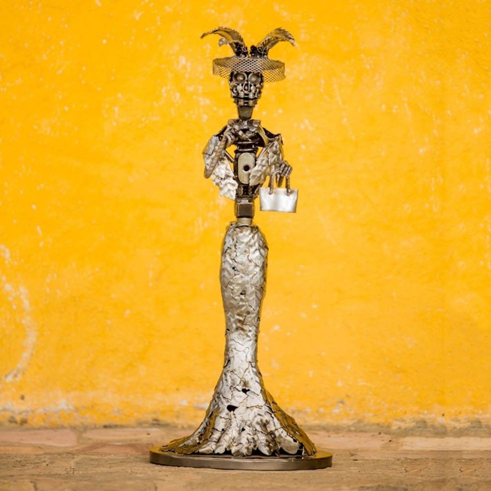 Day of the Dead Catrina Skeleton Recycled Metal Sculpture 'Elegant Catrina'