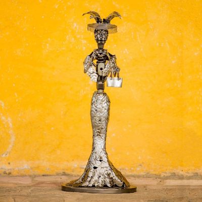 Alternate image for Day of the Dead Catrina Skeleton Recycled Metal Sculpture Elegant Catrina