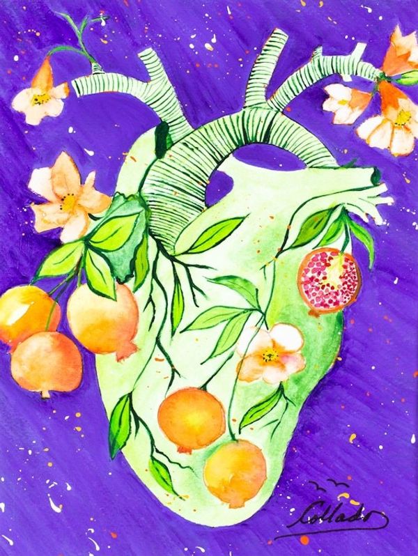 Alternate image for Heart with Pomegranates  Watercolor and Acrylic on Paper Heart with Pomegranates