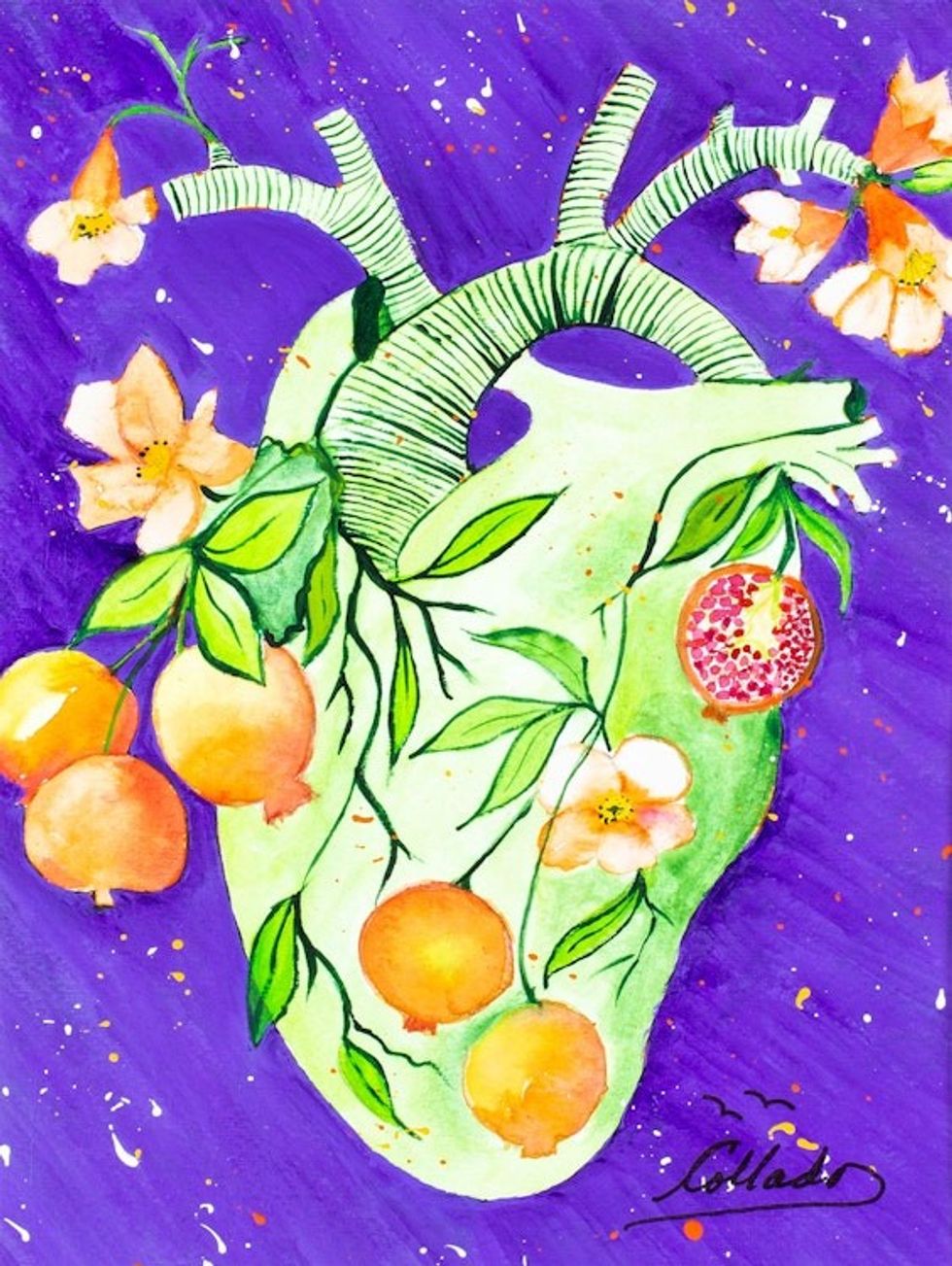 Heart with Pomegranates Watercolor and Acrylic on Paper 'Heart with Pomegranates'