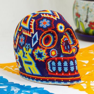 Alternate image for Beaded Dark Blue Skull Figurine with Huichol Icons Midnight Visions