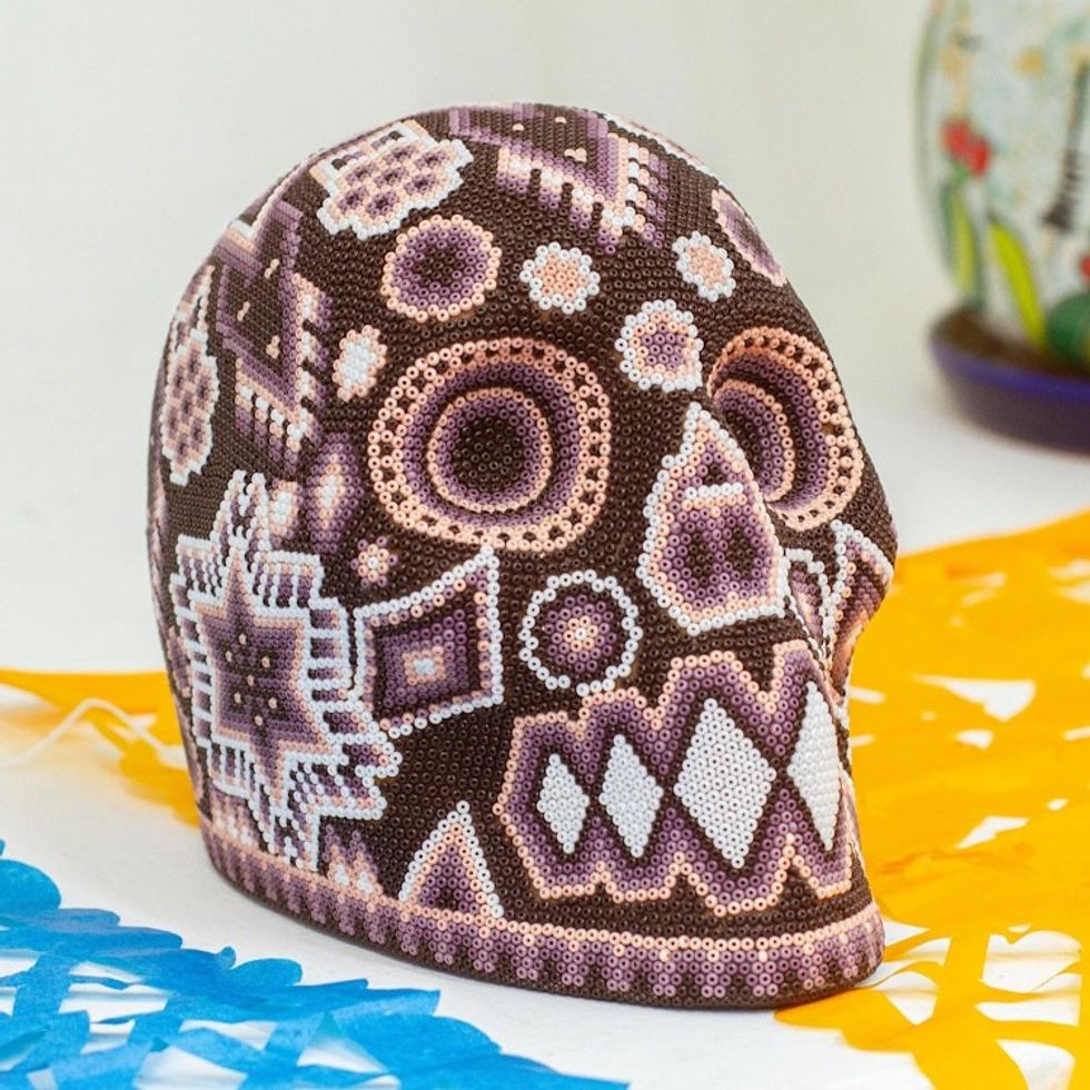 Huichol Beaded Deer  Peyote Brown  Peach Skull 'Brother Deer'