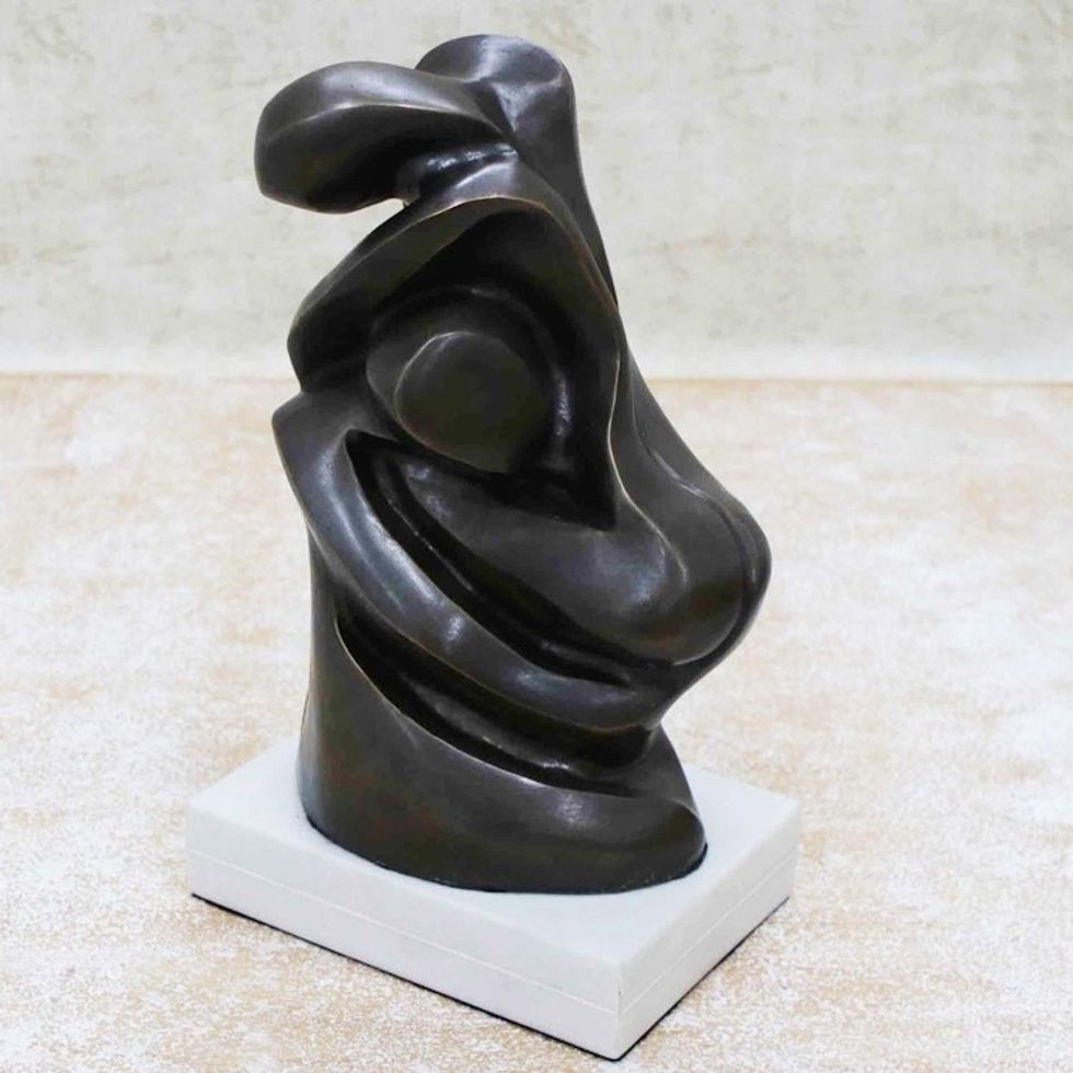 Bronze Abstract Woman Figure with White Marble Base 'Origins with White Marble Base'