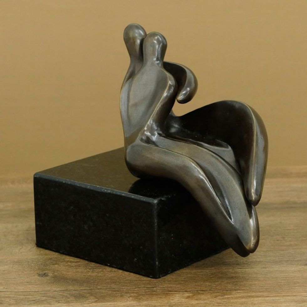 Abstract Lovers Hugging Bronze Sculpture with Granite Base 'Snuggle II'