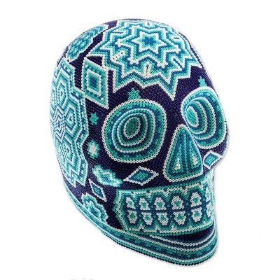 Alternate image for Huichol Beadwork Blue Starburst Skull Figurine Blue Night Visions
