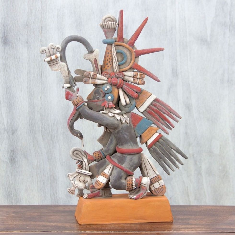 Signed Ceramic Sculpture of an Ancient Aztec Deity 'Aztec God Quetzalcoatl'
