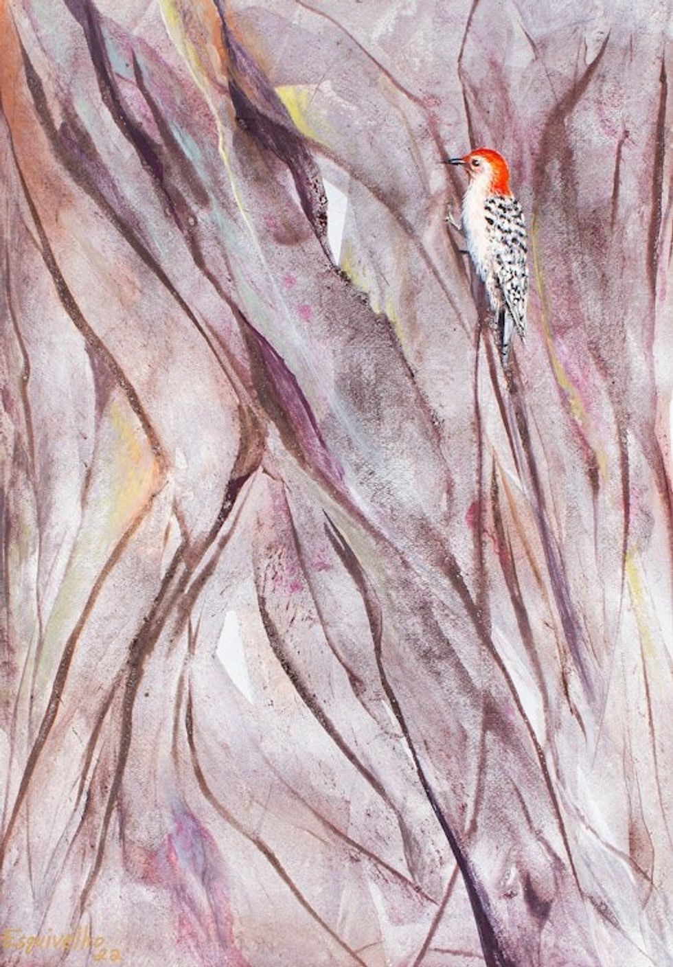 Acrylic and Dyes on Paper Painting of A Woodpecker in A Tree 'Woodpecker in Eucalyptus Tree'