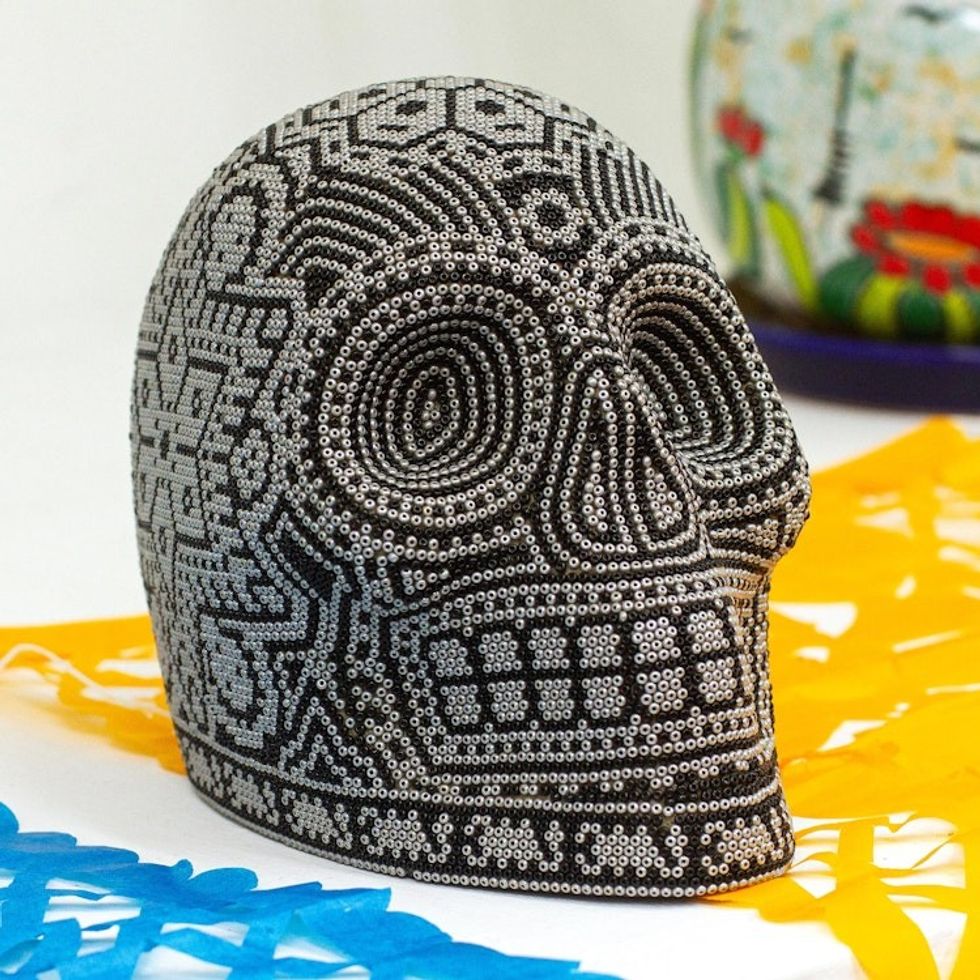 Black and Grey Beaded Skull Figurine with Huichol Symbols 'Our Children'