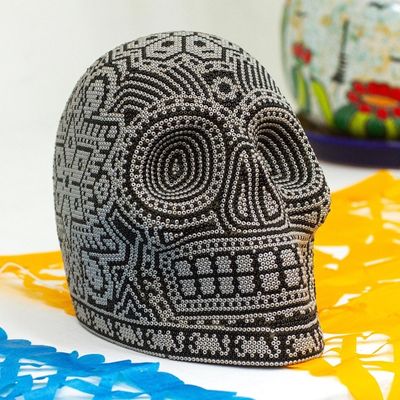 Alternate image for Black and Grey Beaded Skull Figurine with Huichol Symbols Our Children
