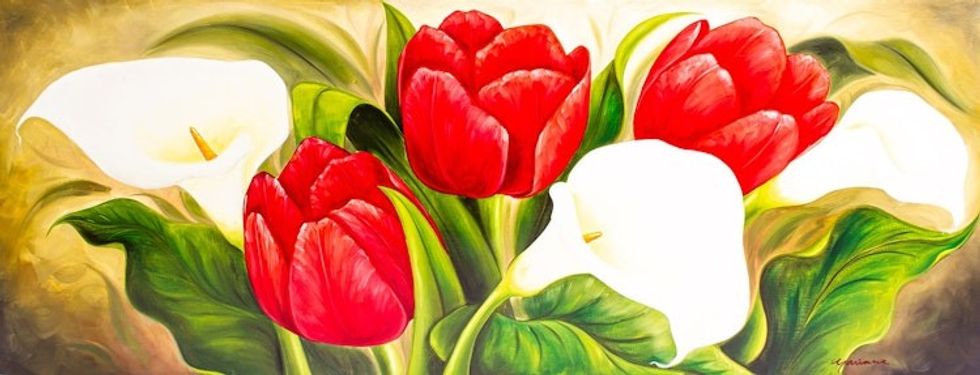 Signed Realistic Oil Painting of Red Tulips and Lilies 'Red Tulips with Calla Lilies'