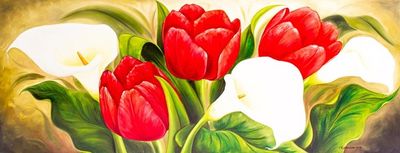 Alternate image for Signed Realistic Oil Painting of Red Tulips and Lilies Red Tulips with Calla Lilies