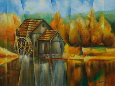 Alternate image for Modern Cubism Watermill Landscape Acrylic Painting Fragments II