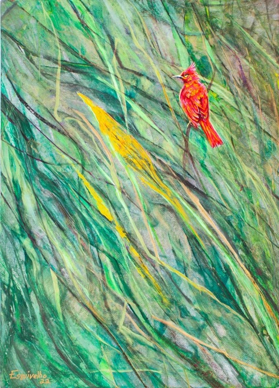 Acrylic and Dyes on Paper Painting of Red Bird in Grasslands 'Red Bird in Green Grassland'